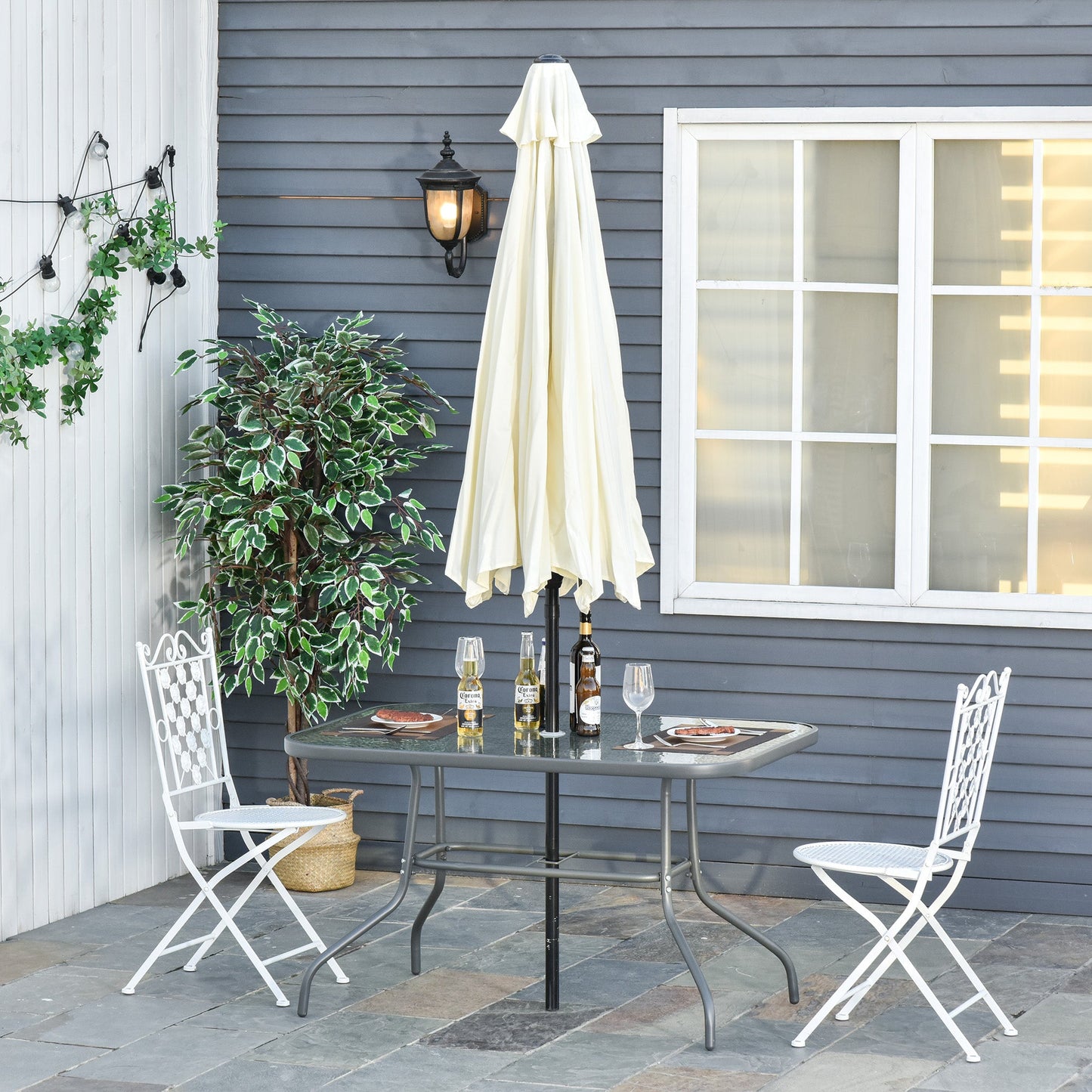 Garden Dining Table Glass Top Metal Frame with Parasol Hole Outdoor Balcony Grey 120L x 80W cm