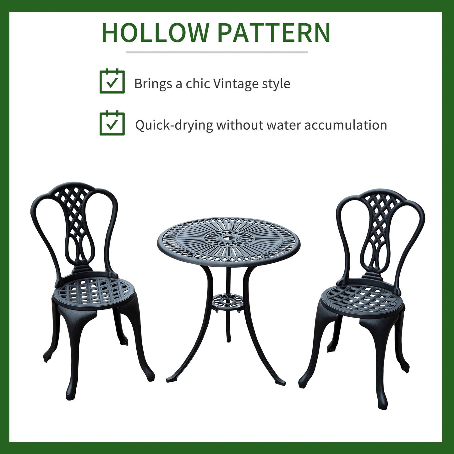 3-Piece Patio Cast Aluminium Bistro Set Garden Outdoor Furniture Table and Chairs Shabby Chic Style