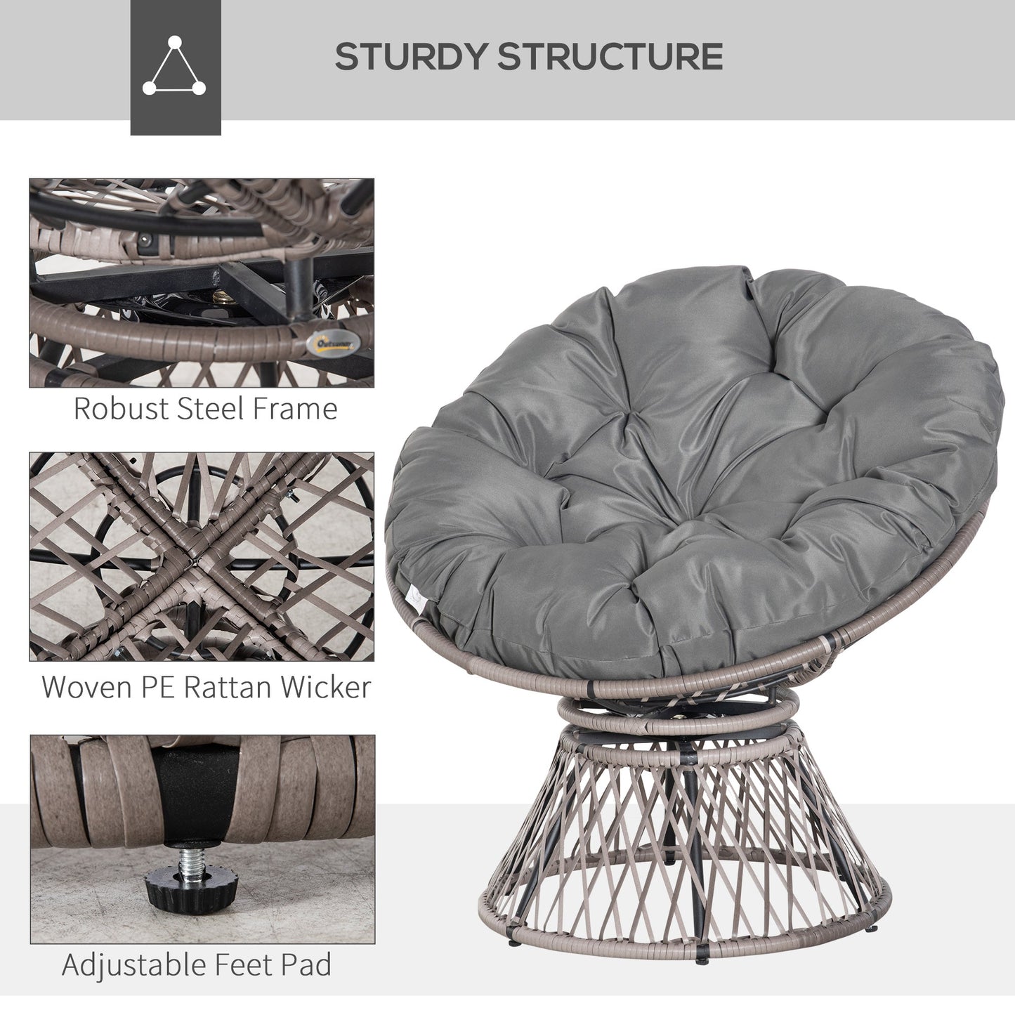 360° Swivel Rattan Papasan Moon Bowl Chair Round Lounge Garden Wicker Basket Seat with Padded Cushion Oversized for Outdoor Indoor