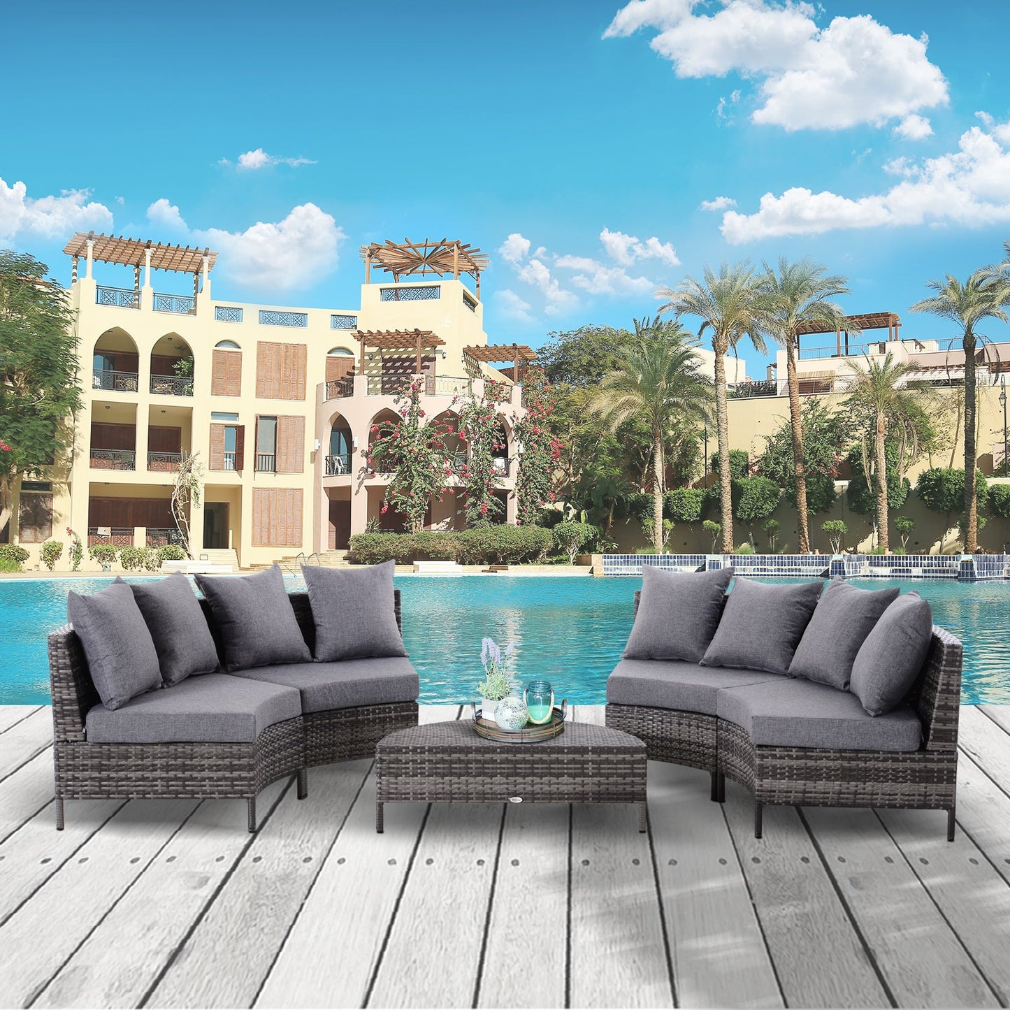 Rattan Garden Furniture 4 Seaters Half-Round Patio Outdoor Sofa & Table Set Wicker Weave Conservatory Cushioned Seat With Pillow - Grey