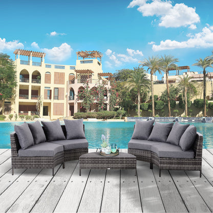 Rattan Garden Furniture 4 Seaters Half-Round Patio Outdoor Sofa & Table Set Wicker Weave Conservatory Cushioned Seat With Pillow - Grey