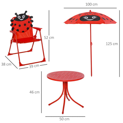 Kids Folding Picnic Table and Chairs Set Ladybug Pattern Outdoor w/ Parasol