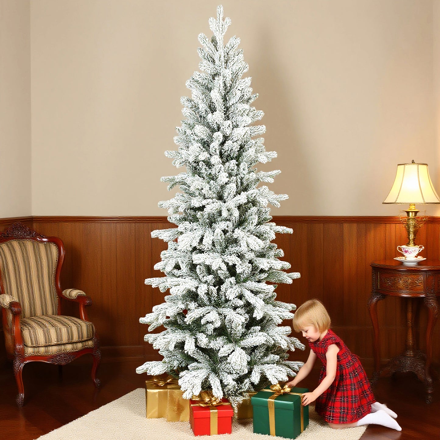 7ft Christmas Tree Artificial - White Frosted Green Slim  972 Tips
