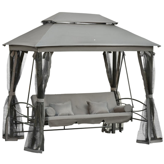 3 Seater Swing Chair 3-in-1 Convertible Garden Swing Seat Bed Gazebo Patio Bench Outdoor with Double Tier Canopy
