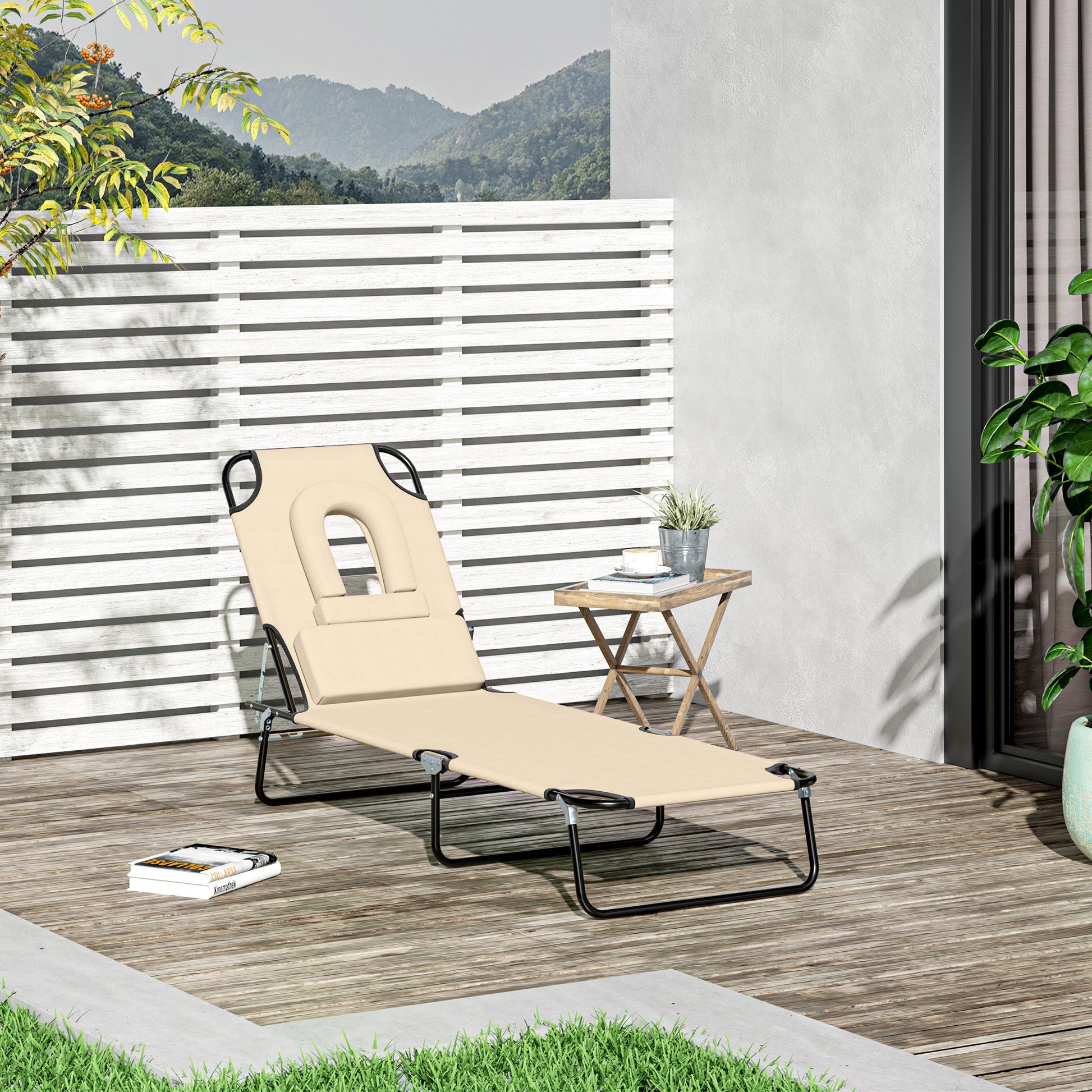 Sun Lounger Foldable Reclining Chair with Pillow and Reading Hole Garden Beach Outdoor Recliner Adjustable Beige Primary Image