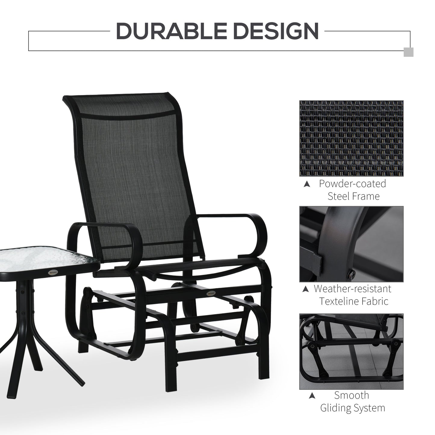 3-Piece Metal Outdoor Gliding Rocking Chair With Tea Table Patio Garden Comfortable Swing Chair Black