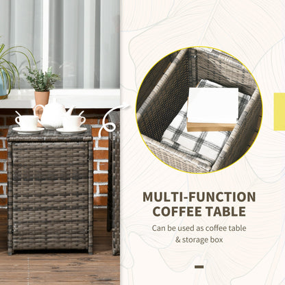 3-Piece PE Rattan Wicker Garden Furniture Patio Bistro Set Weave Conservatory Sofa Storage Table and Chairs Set Grey Cushion & Wicker