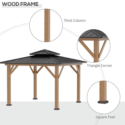 3.5 x 3.5m Outdoor Hardtop Gazebo Canopy with Two-tier Metal Roof and Solid Wood Frame Outdoor Patio Shelter for Patio