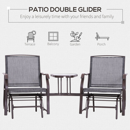 Garden Double Glider Rocking Chairs Metal Gliding Love Seat with Middle Table Conversation Set Patio Backyard Relax Outdoor Furniture Grey