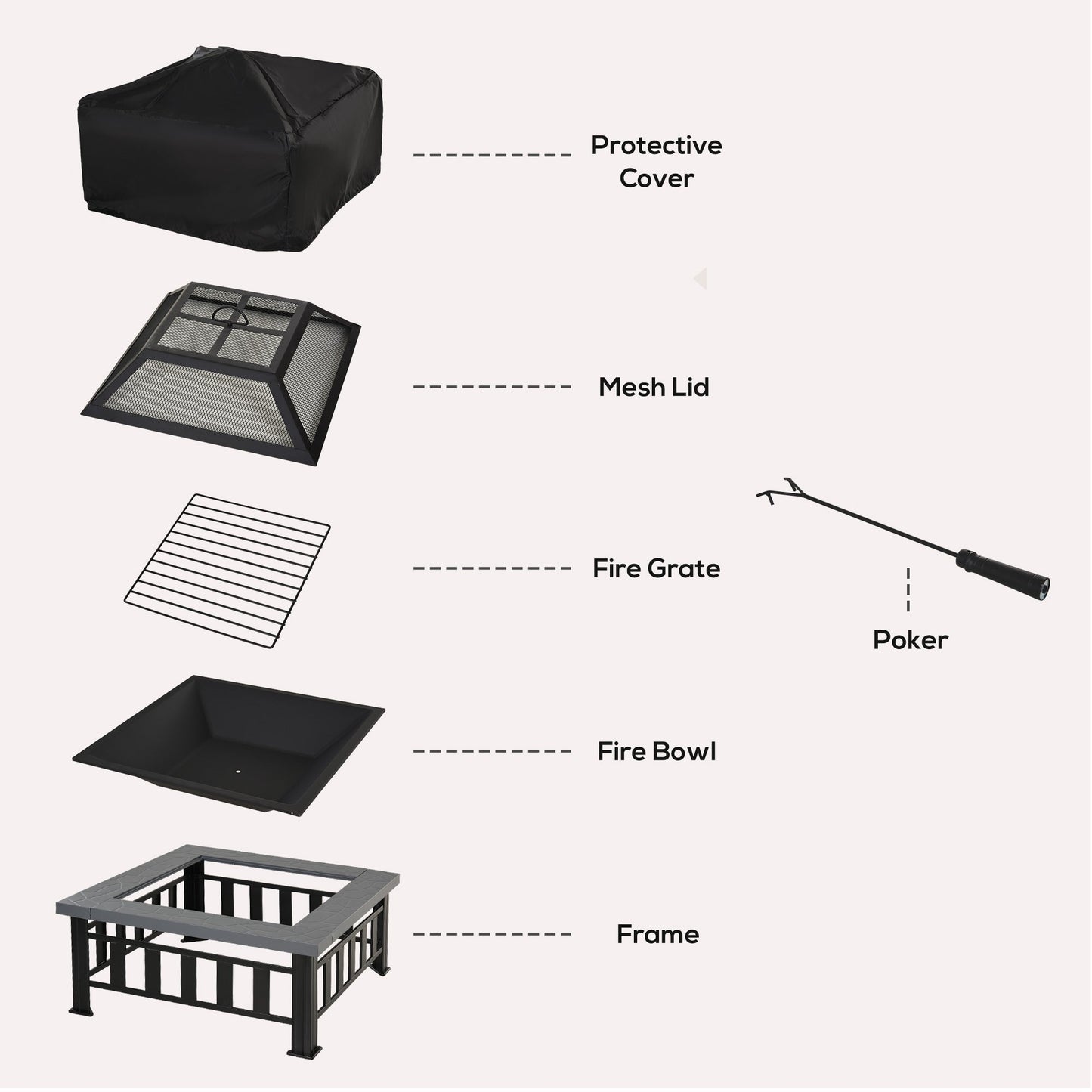 Metal Large Firepit Outdoor Square Fire Pit Brazier w/ Rain Cover