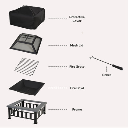 Metal Large Firepit Outdoor Square Fire Pit Brazier w/ Rain Cover