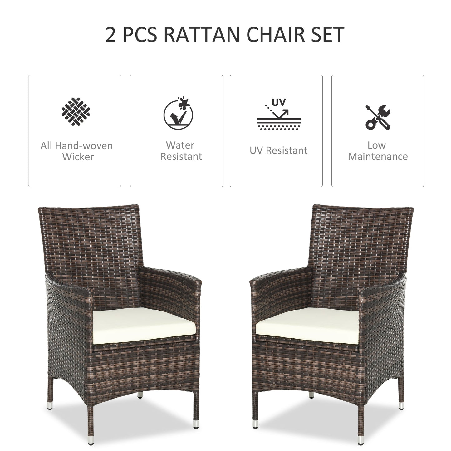 Outsunny 2-Seater Outdoor Rattan Armchair Dining Chair Garden Patio Furniture w/ Armrests Cushions Mixed Brown