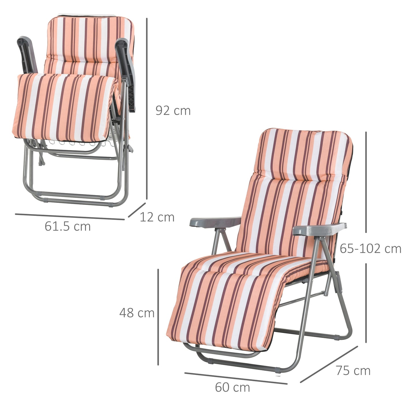 Set of 2 Garden Sun Lounger Outdoor Reclining Seat Cushioned Seat Foldable Adjustable Recliner Orange and White