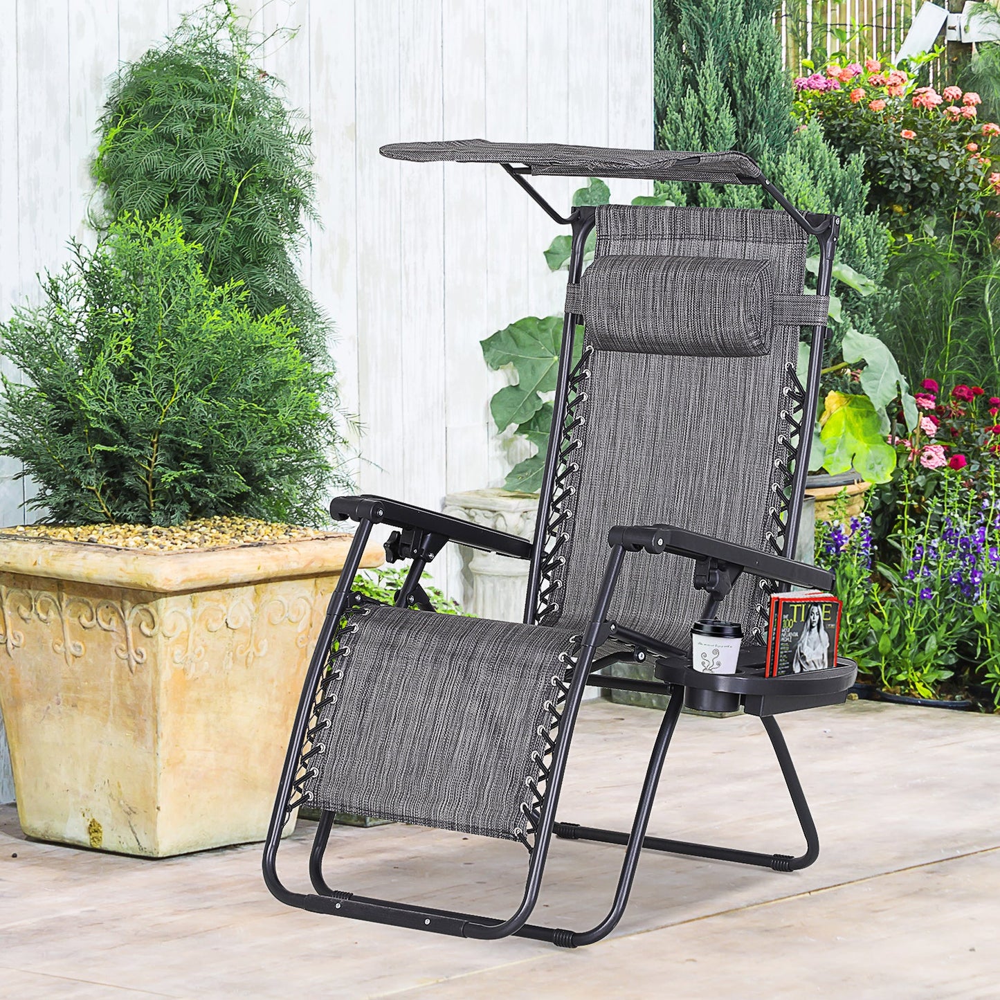Zero Gravity Garden Deck Folding Chair Texteline Patio Sun Adjustable Lounger Reclining Seat with Cup Holder & Canopy Shade - Grey