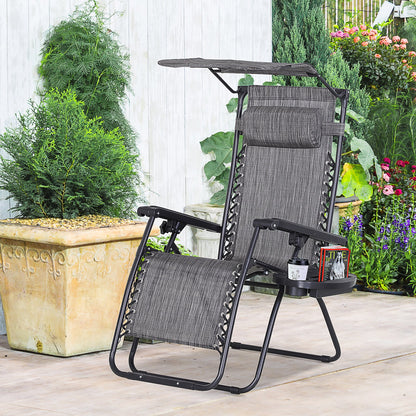 Zero Gravity Garden Deck Folding Chair Texteline Patio Sun Adjustable Lounger Reclining Seat with Cup Holder & Canopy Shade - Grey