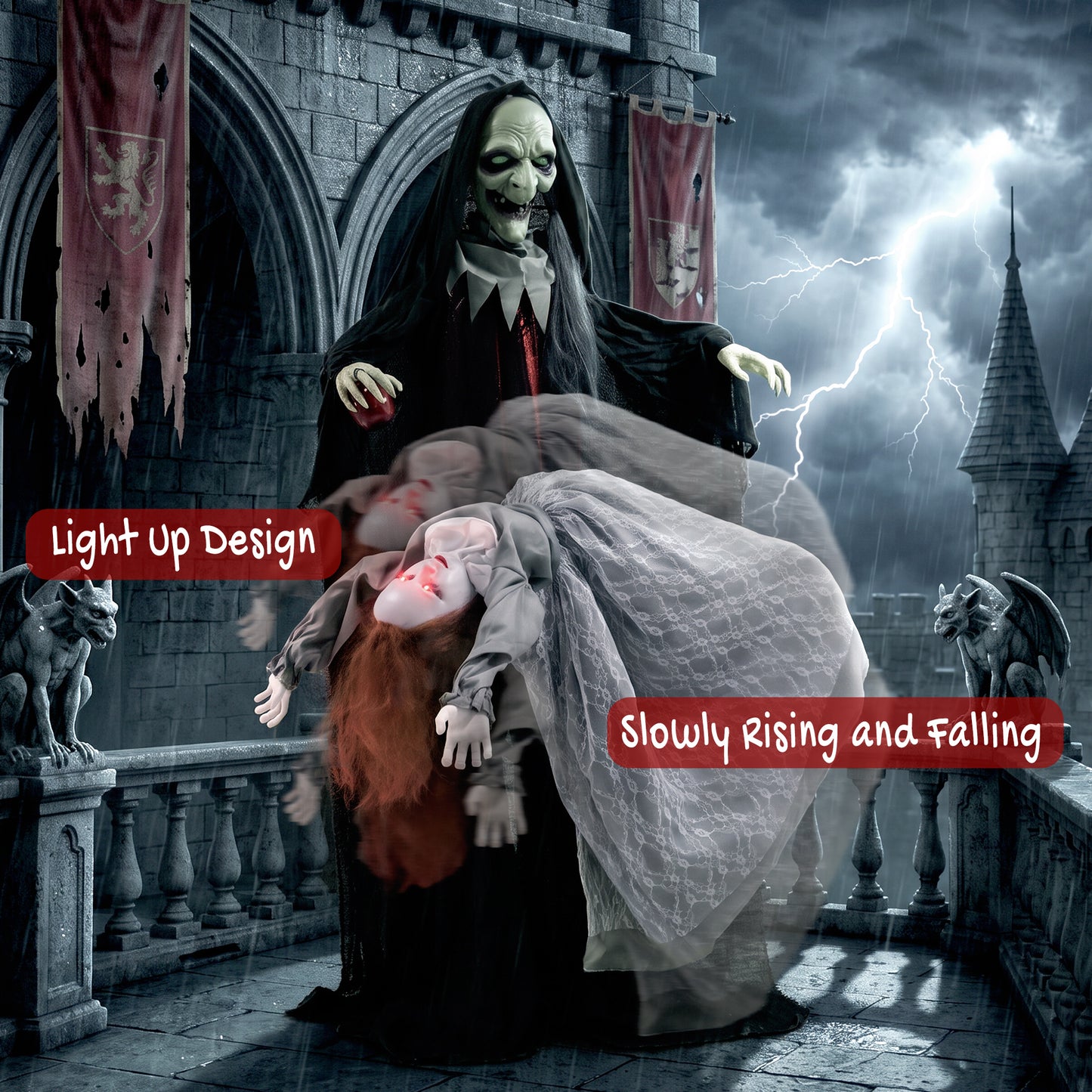 Animated Witch And Ghost Halloween Decoration - 180cm