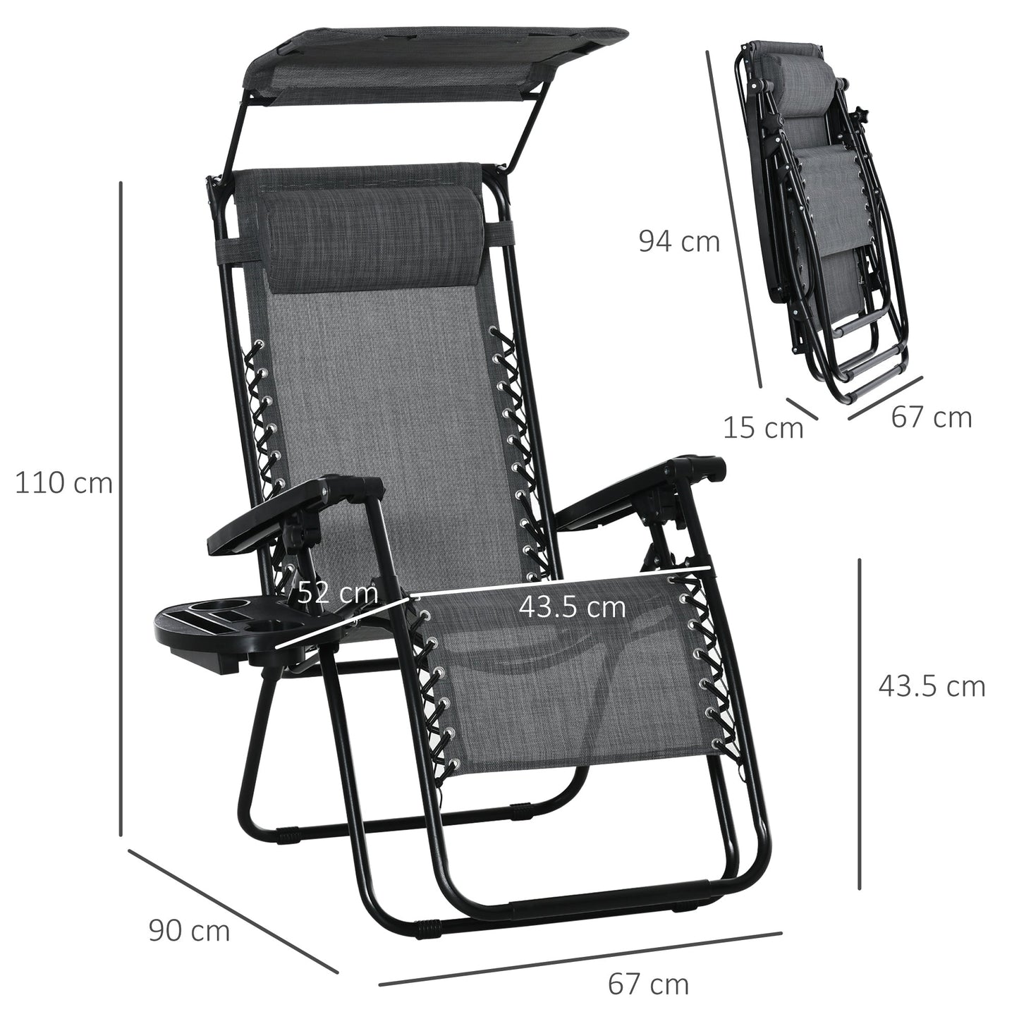 Zero Gravity Garden Deck Folding Chair Texteline Patio Sun Lounger Reclining Seat with Cup Holder & Canopy Shade - Grey