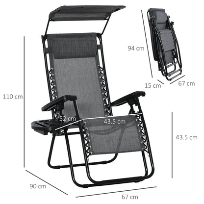 Zero Gravity Garden Deck Folding Chair Texteline Patio Sun Lounger Reclining Seat with Cup Holder & Canopy Shade - Grey