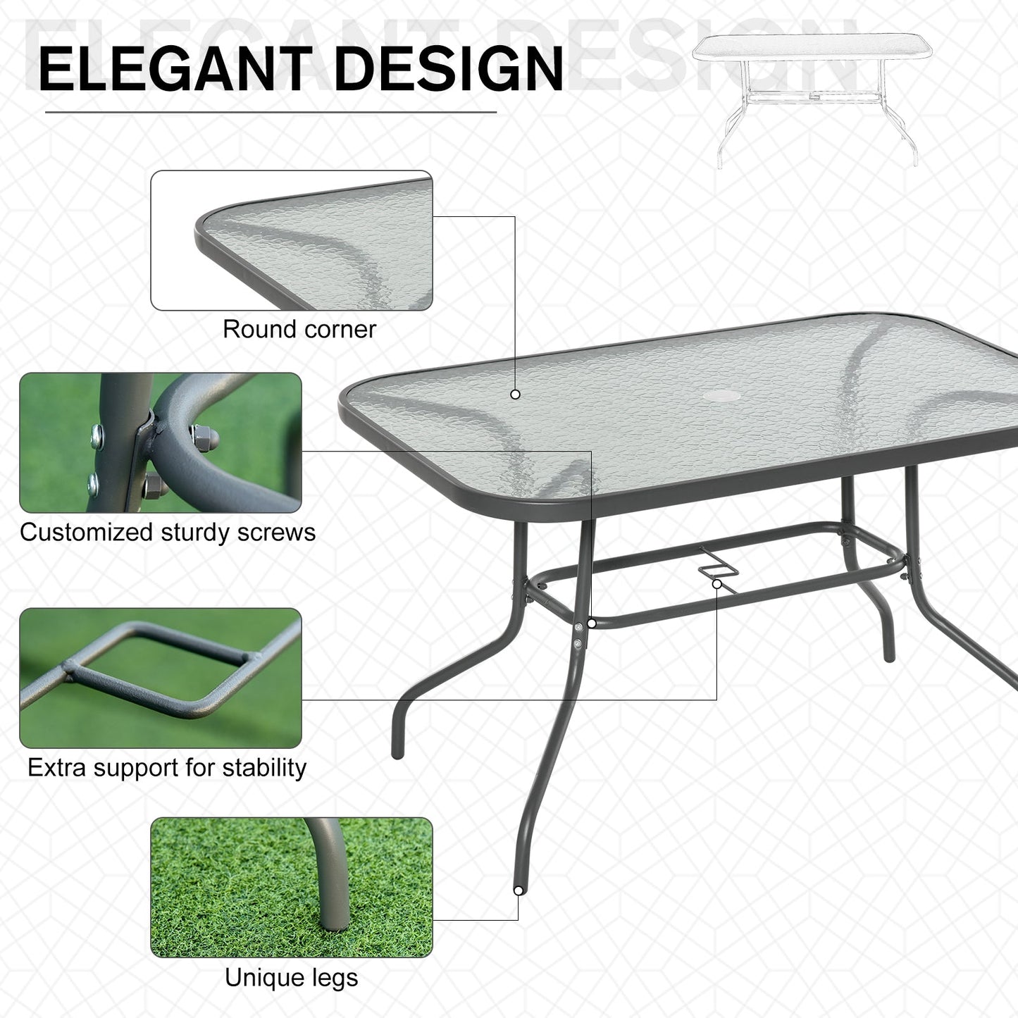 Garden Dining Table Glass Top Metal Frame with Parasol Hole Outdoor Balcony Grey 120L x 80W cm