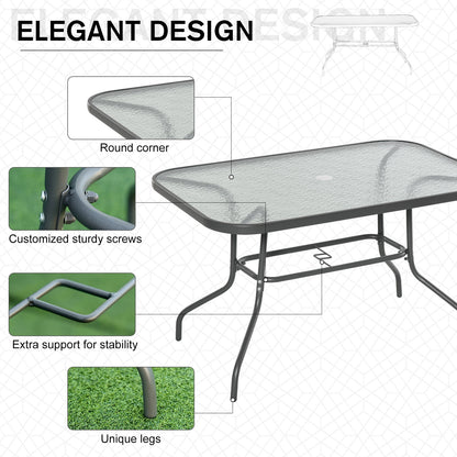 Garden Dining Table Glass Top Metal Frame with Parasol Hole Outdoor Balcony Grey 120L x 80W cm