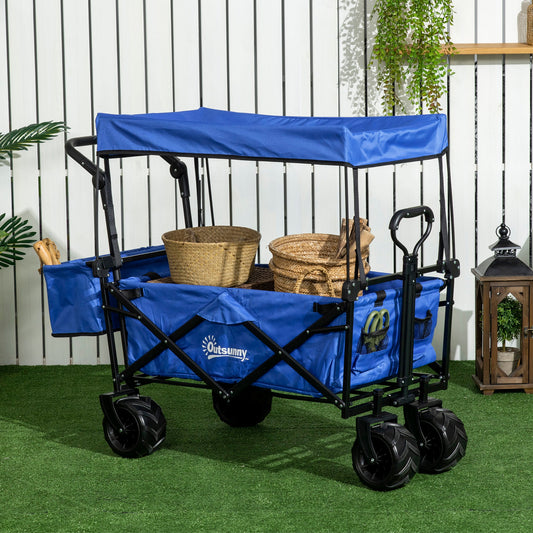 Folding Trolley Cart Storage Wagon Beach Trailer 4 Wheels with Handle Overhead Canopy Cart Push Pull for Camping Primary Image