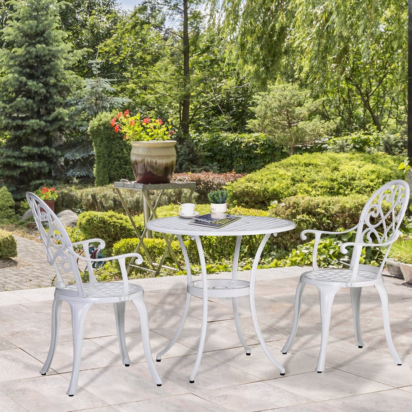 3-Piece Garden Bistro Set Cast Aluminium Round Table with 2 Chairs for Outdoor Patio Balcony White