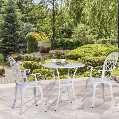 3-Piece Garden Bistro Set Cast Aluminium Round Table with 2 Chairs for Outdoor Patio Balcony White