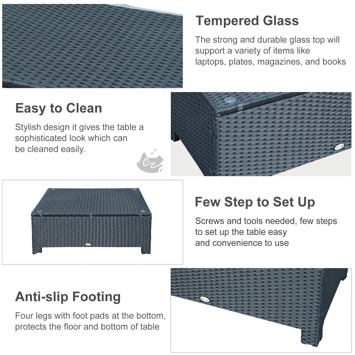 Rattan Garden Furniture Coffee Table Patio Iron Frame Tempered Glass Black