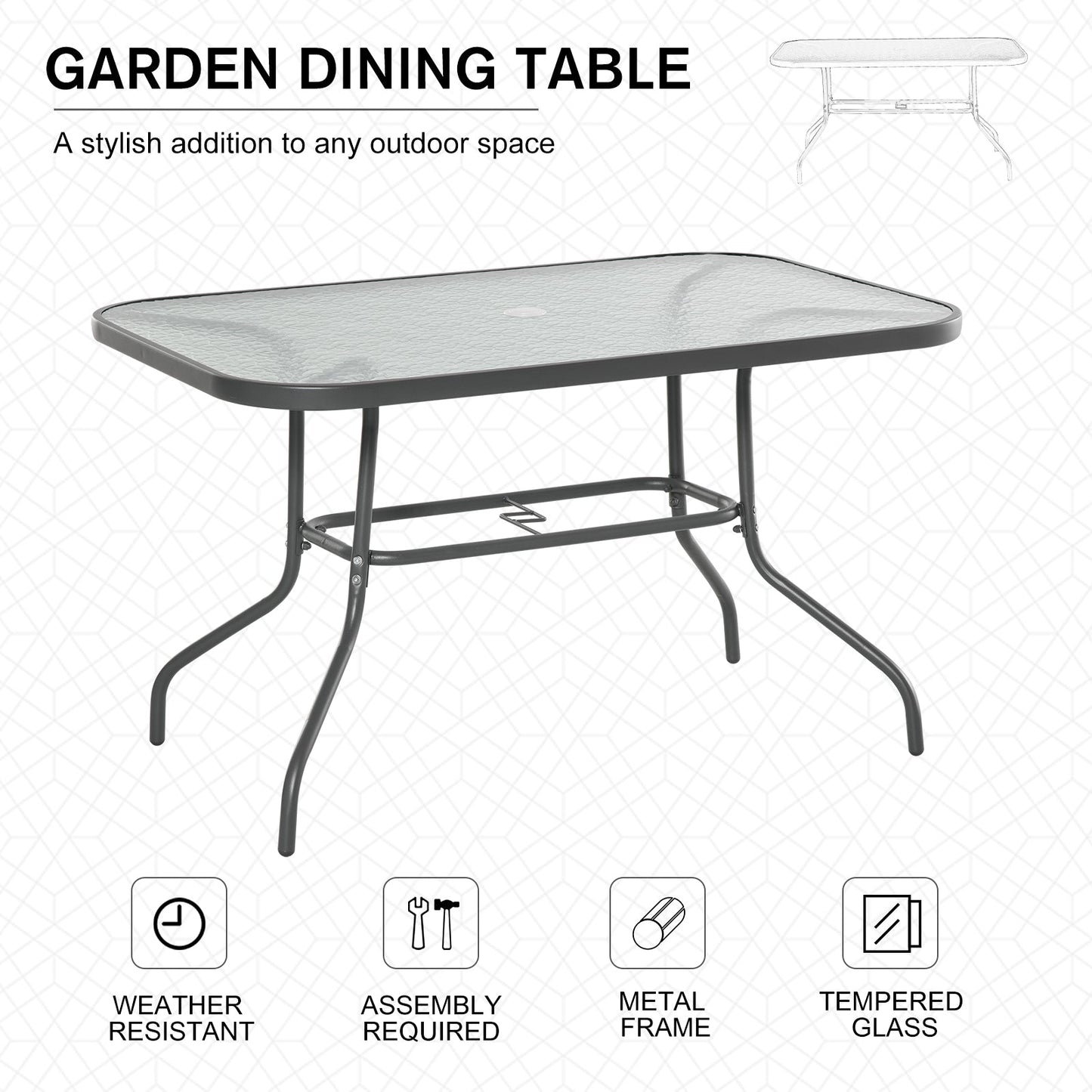 Garden Dining Table Glass Top Metal Frame with Parasol Hole Outdoor Balcony Grey 120L x 80W cm
