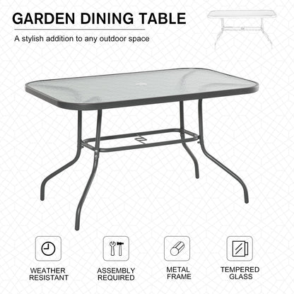 Garden Dining Table Glass Top Metal Frame with Parasol Hole Outdoor Balcony Grey 120L x 80W cm