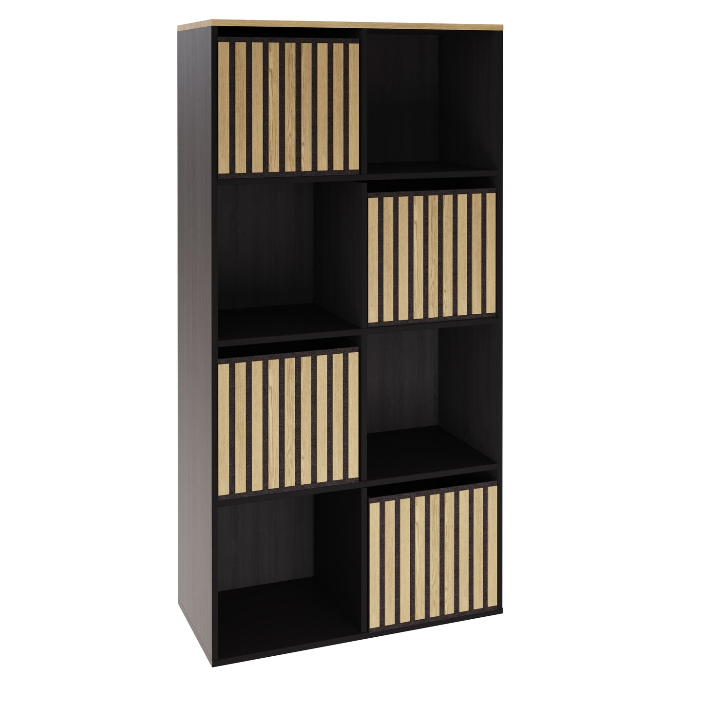Kube Tall Sideboard Black & Light Oak 4 Shelves 4 Drawers