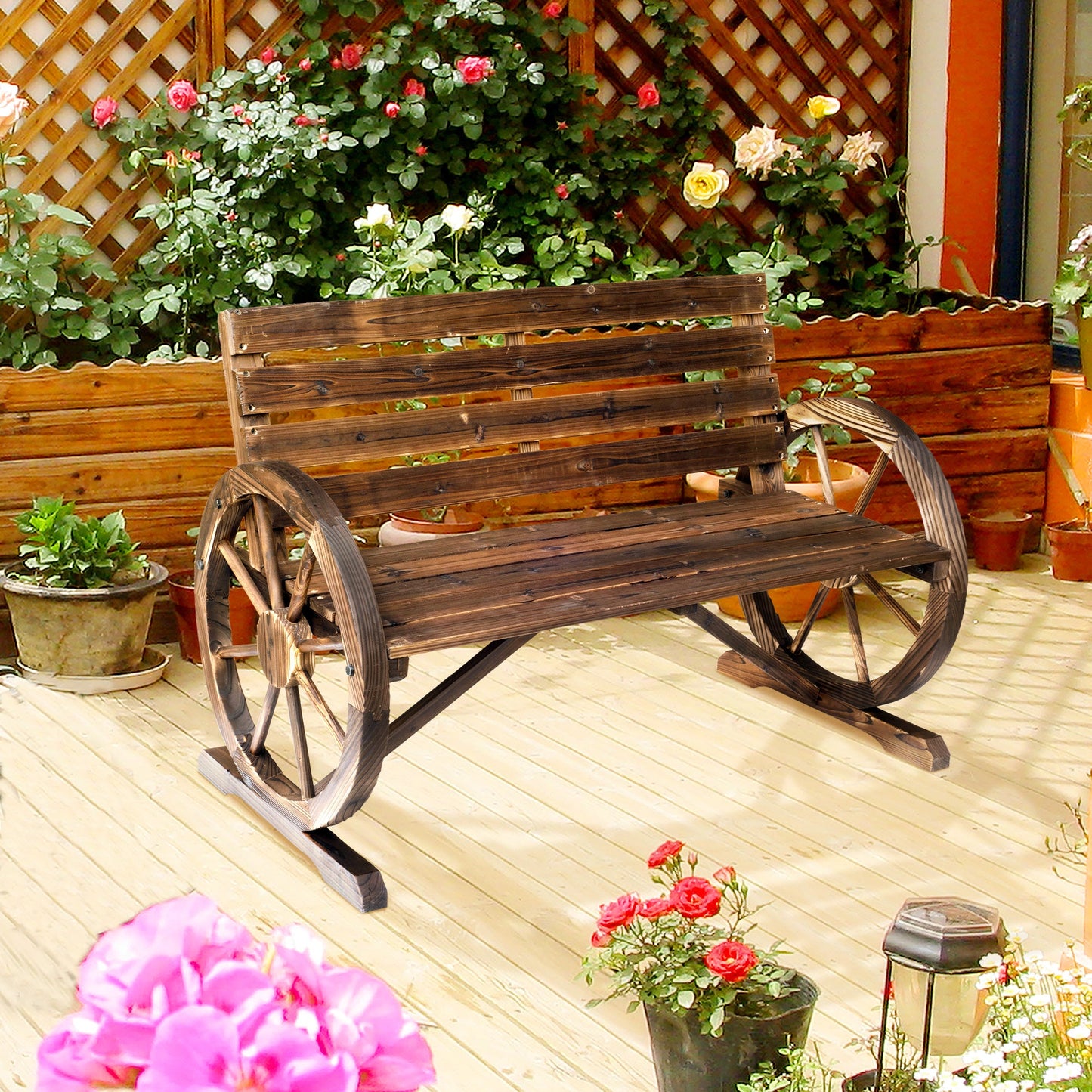 Wagon Wheel Chair Bench Armrest Rustic Loveseat Wood Outdoor Garden
