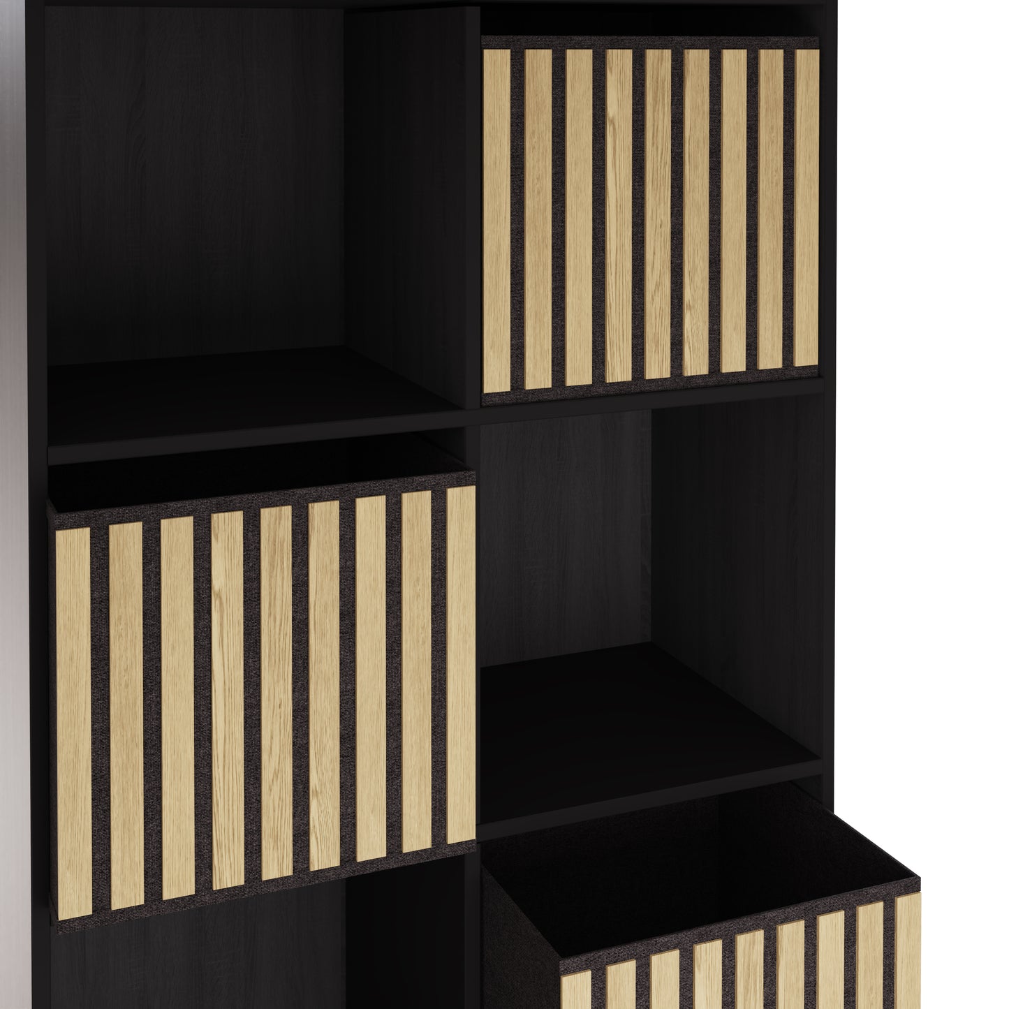 Kube Tall Sideboard Black & Light Oak 4 Shelves 4 Drawers