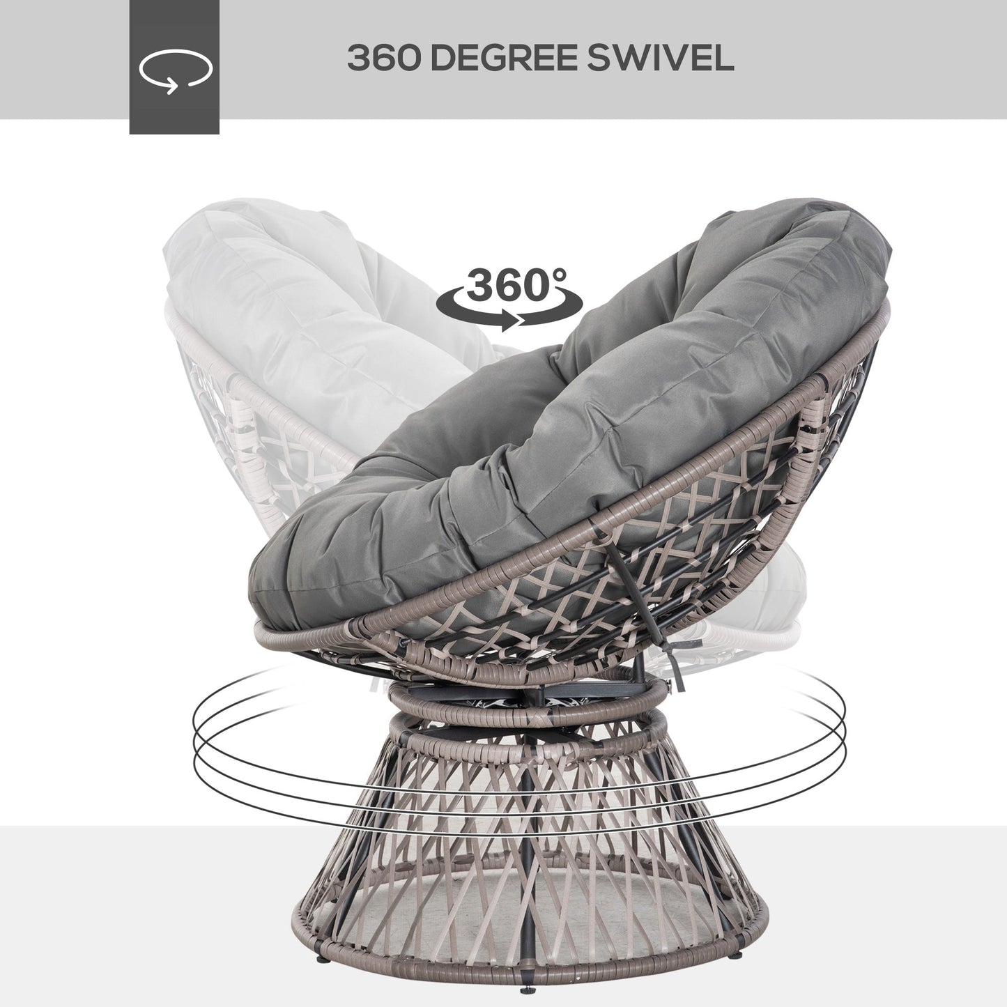 360° Swivel Rattan Papasan Moon Bowl Chair Round Lounge Garden Wicker Basket Seat with Padded Cushion Oversized for Outdoor Indoor