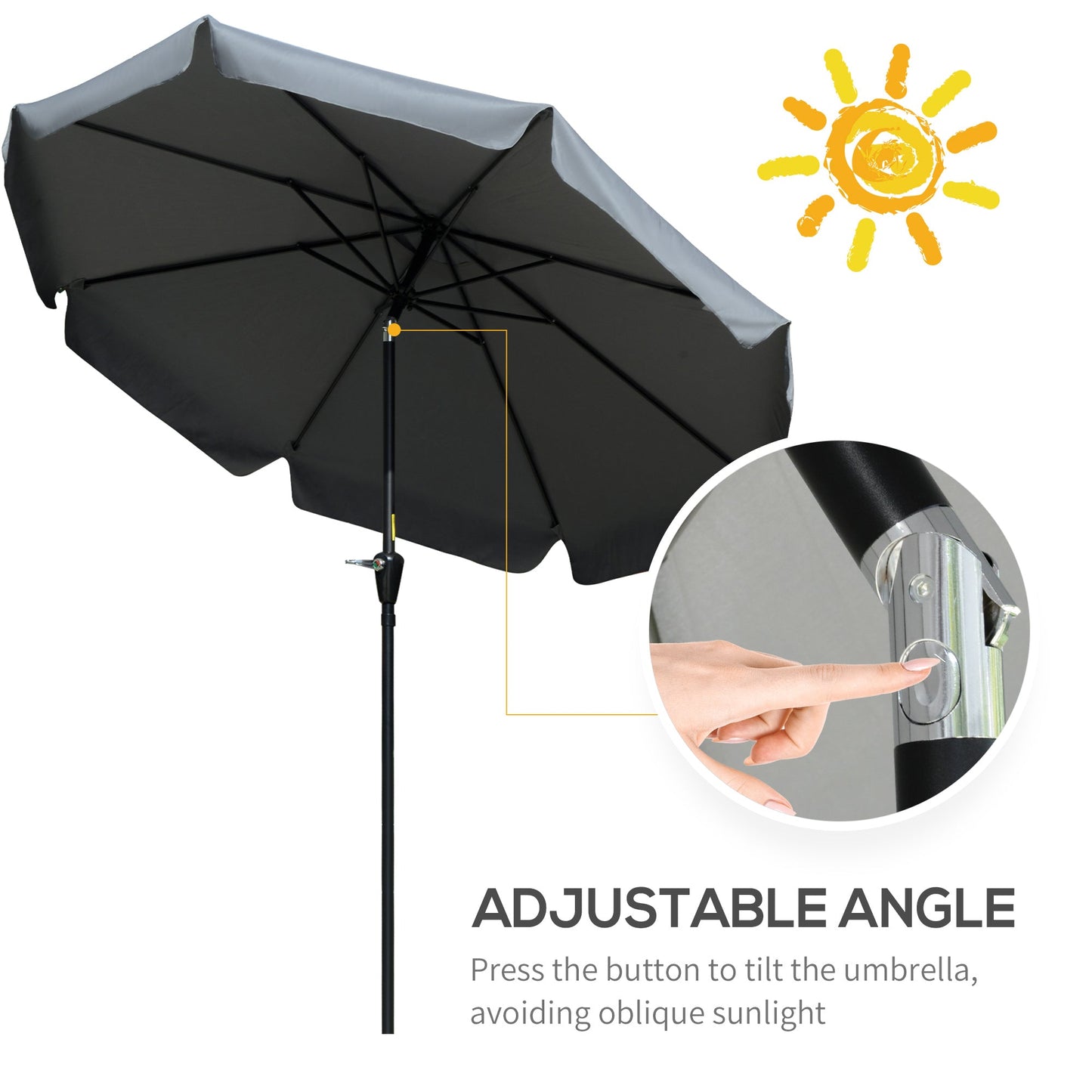Outsunny 2.66M Patio Umbrella Garden Parasol Outdoor Sun Shade Table Umbrella With Ruffles 8 Sturdy Ribs Charcoal Grey