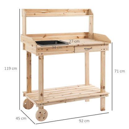 Wooden Potting Bench Work Table with 2 Removable Wheels