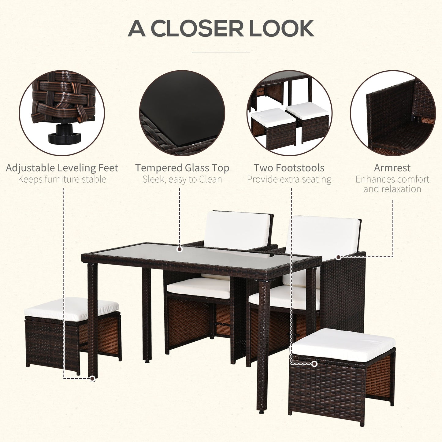 5-Piece Rattan Garden Furniture Space-saving Wicker Weave Sofa Set Conservatory Dining Table Table Chair Footrest Cushioned Brown