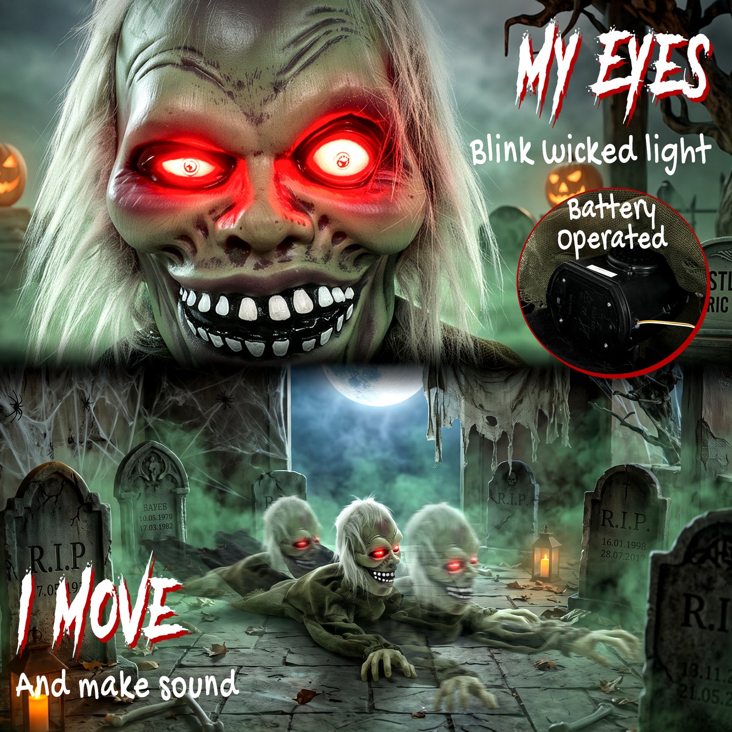 Animated Crawling Zombie Halloween Decoration - 116cm