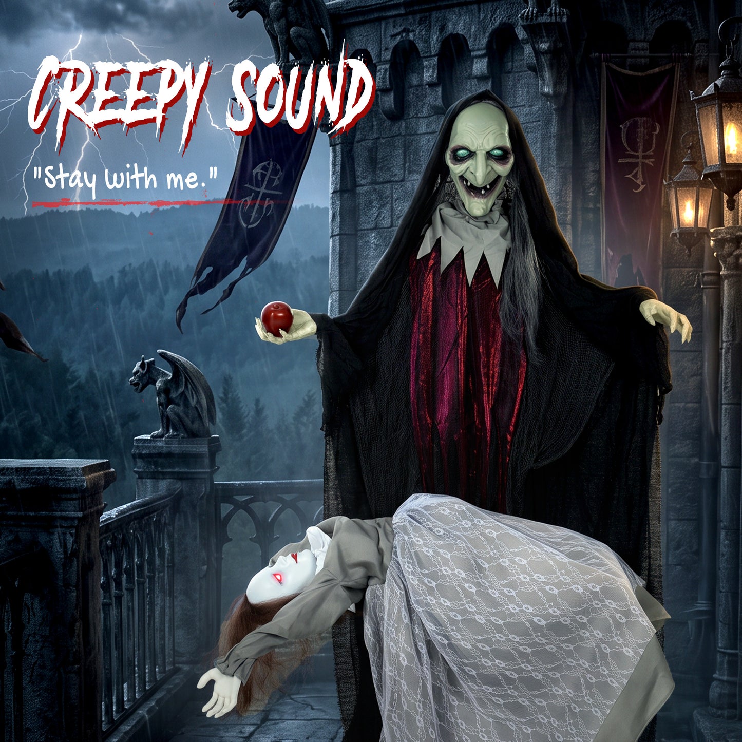 Animated Witch And Ghost Halloween Decoration - 180cm