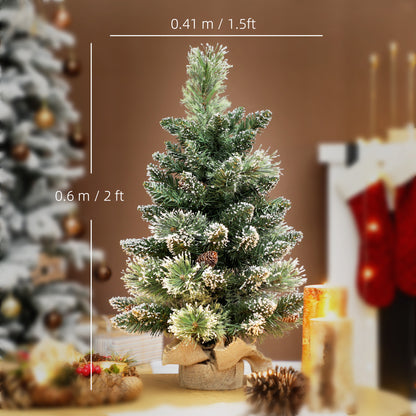 2ft Prelit Christmas Tree Artificial - White Frosted Green Ornament Warm White 64 Tips