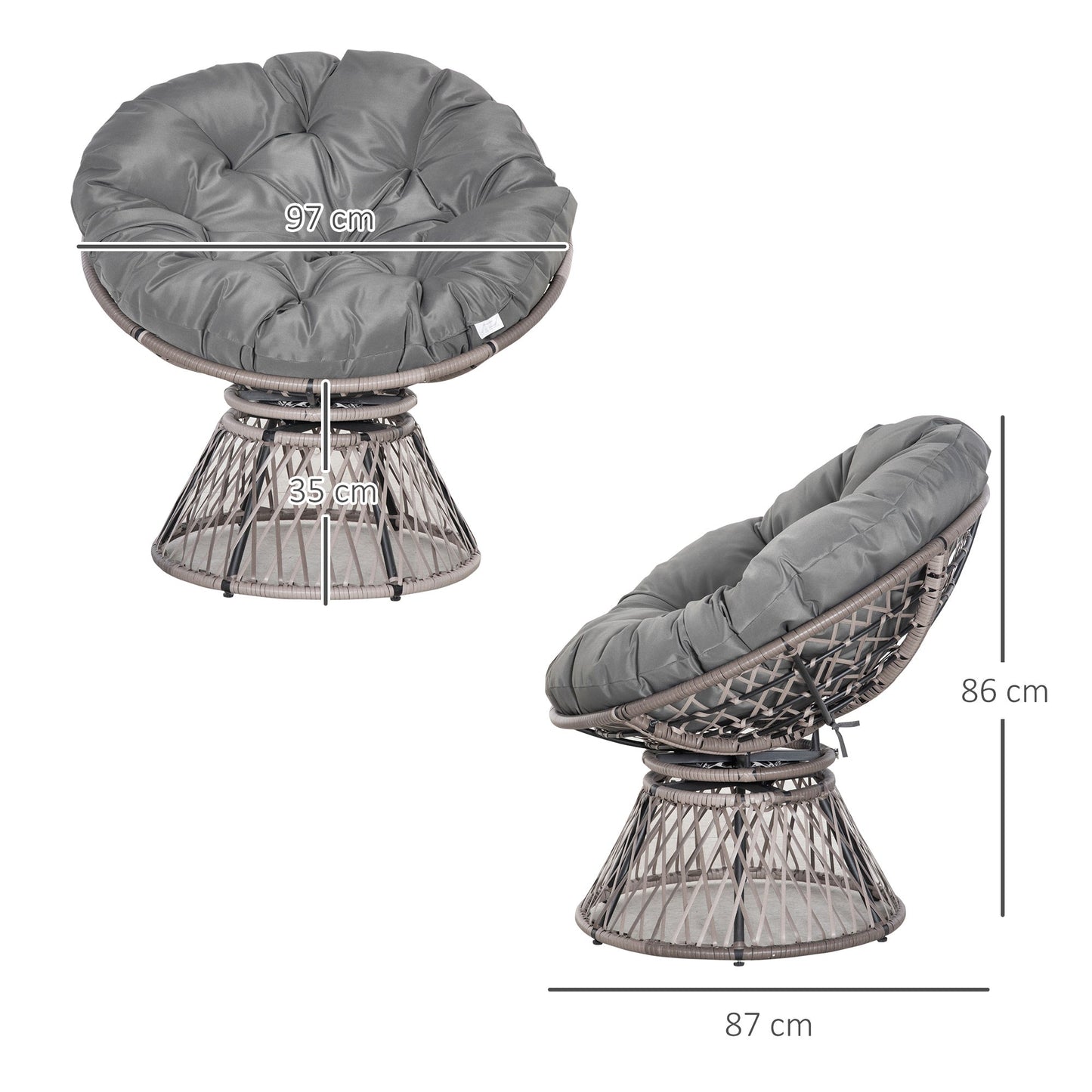360° Swivel Rattan Papasan Moon Bowl Chair Round Lounge Garden Wicker Basket Seat with Padded Cushion Oversized for Outdoor Indoor