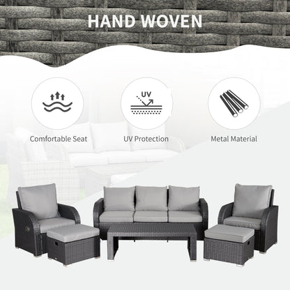 Rattan Garden Furniture 7 Seater Sofa & Coffee Table Footstool Set Outdoor Patio Wicker Weave Reclining Chair Space-saving - Light Grey
