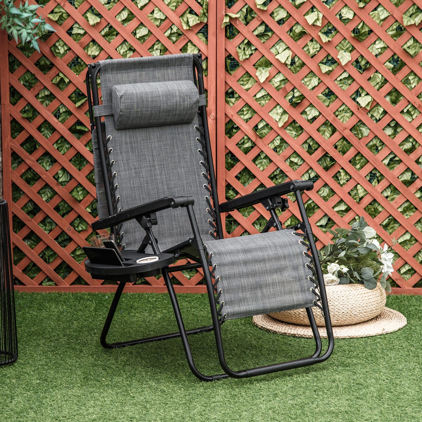 Zero Gravity Garden Deck Folding Chair Texteline Patio Sun Lounger Reclining Seat with Cup Holder & Canopy Shade - Grey