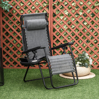 Zero Gravity Garden Deck Folding Chair Texteline Patio Sun Lounger Reclining Seat with Cup Holder & Canopy Shade - Grey