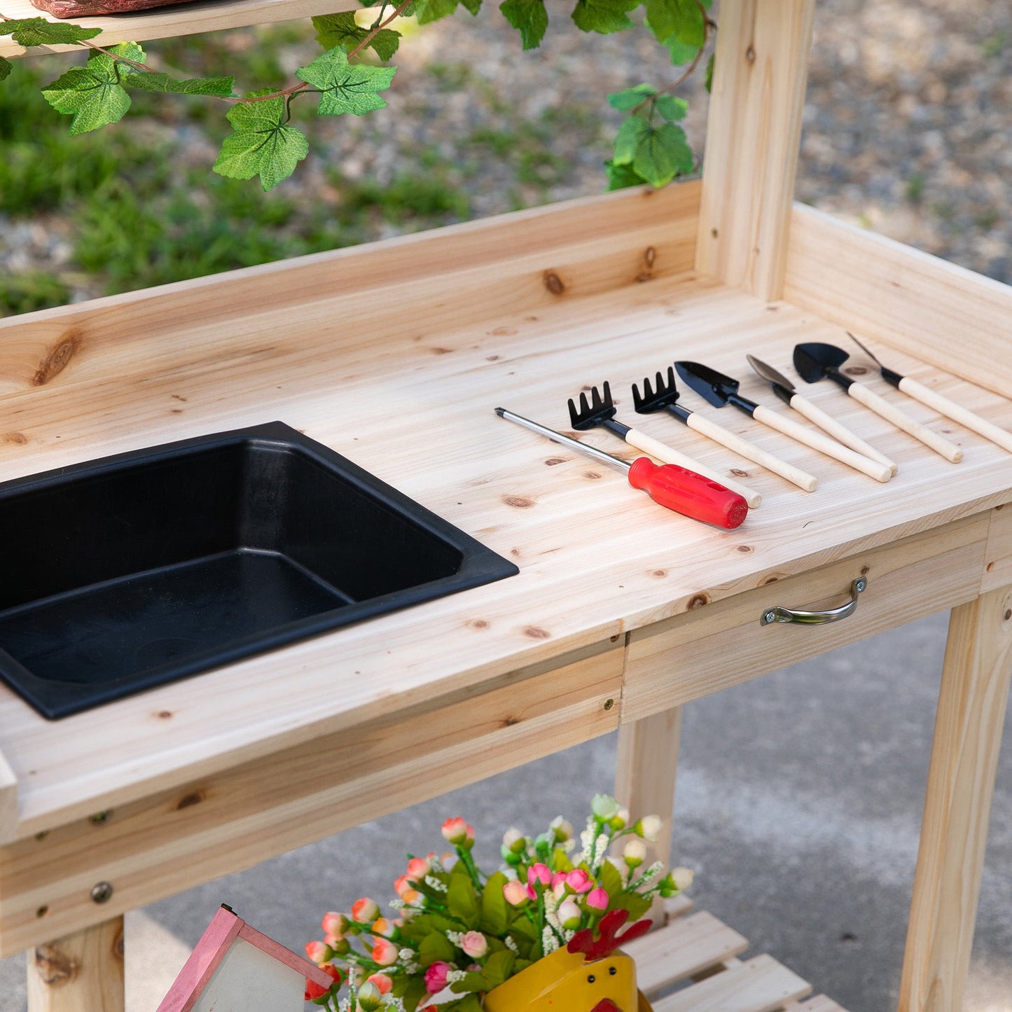 Wooden Potting Bench Work Table with 2 Removable Wheels