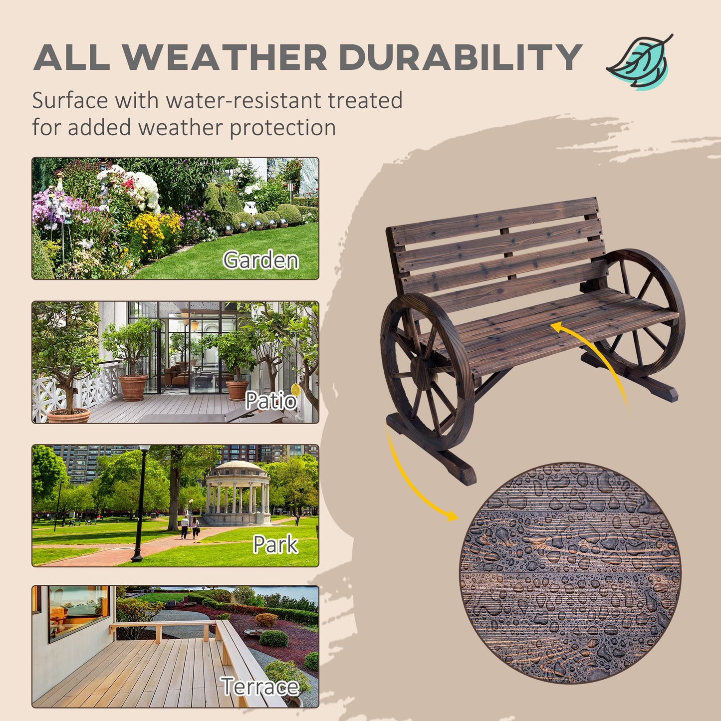 Wagon Wheel Chair Bench Armrest Rustic Loveseat Wood Outdoor Garden