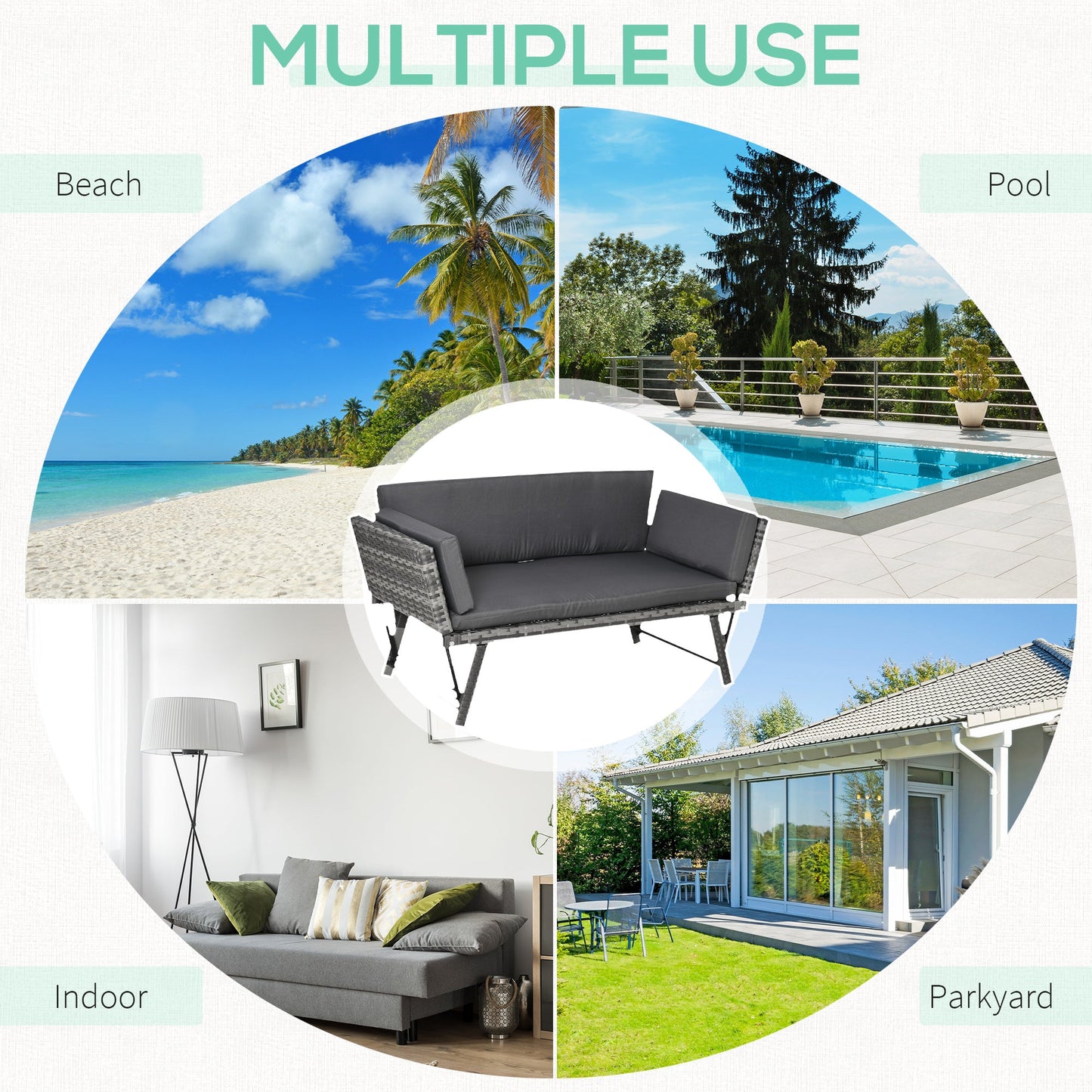 Outsunny 2 In 1 Rattan Folding Daybed Sofa Bench Garden Chaise Lounger Loveseat With Cushion Outdoor Patio Mixed Grey