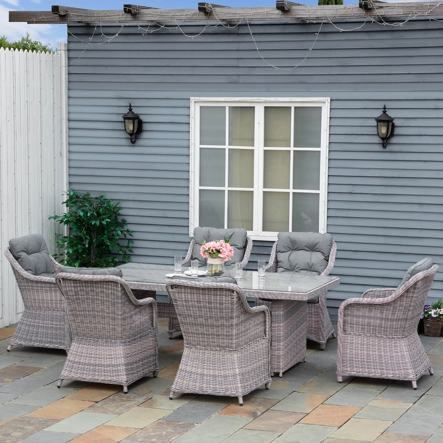 7-Pieces Patio Wicker Rectangular Garden Dining Set