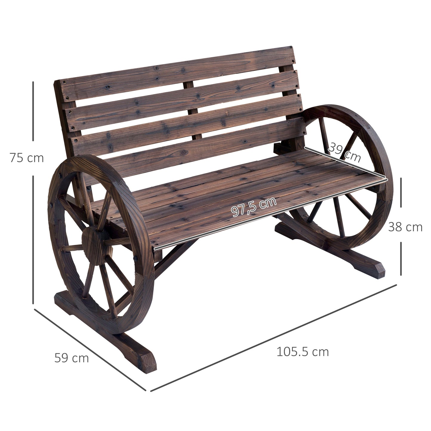 Wagon Wheel Chair Bench Armrest Rustic Loveseat Wood Outdoor Garden