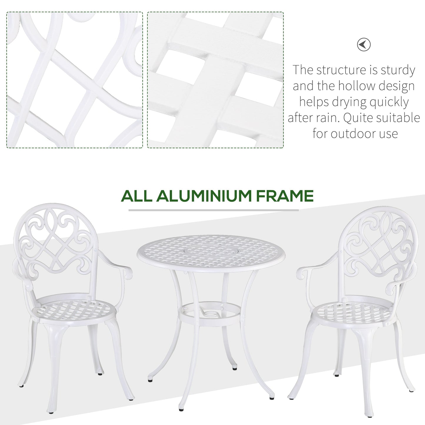 3-Piece Garden Bistro Set Cast Aluminium Round Table with 2 Chairs for Outdoor Patio Balcony White